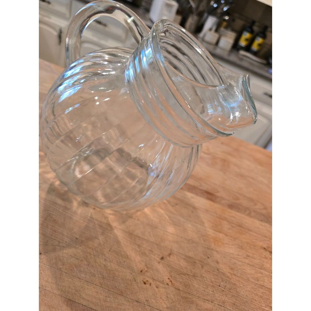 VTG Round Clear Glass Pitcher Slanted Handle Ball Shaped Ribbed Juice Pitcher